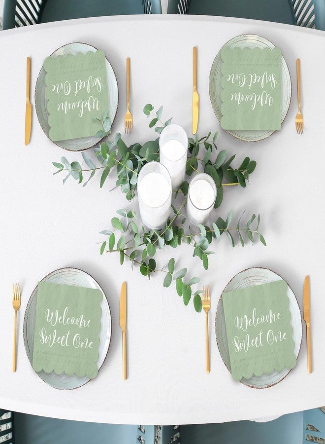 JarThenaAMCS 50Pcs Baby Shower Cocktail Napkin Sage Green Scalloped Disposable Paper Napkin Welcome Sweet One Beverage Napkins for Party Drink Table Decor - Image 5